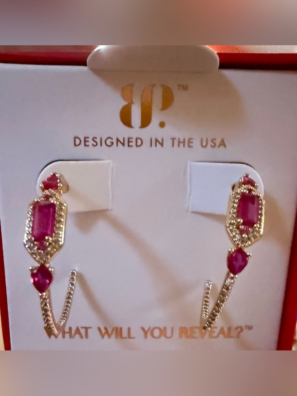 bp Gold-Tone Hoop Earrings with Crystals and Lab-Created Rubies